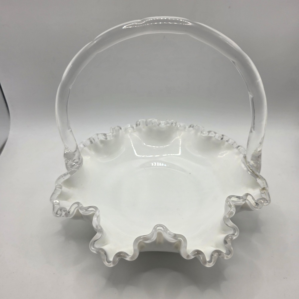 Fenton Milk Glass Silver Crest Ruffled Basket with Clear Handle Vintage 7 inch